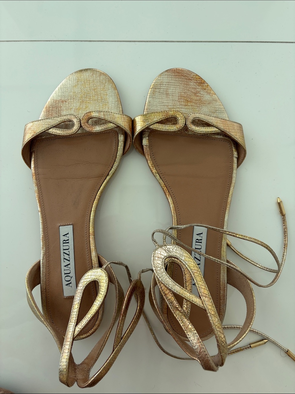 Aquazzura Metallic Gold Lace-Up Flat Sandals